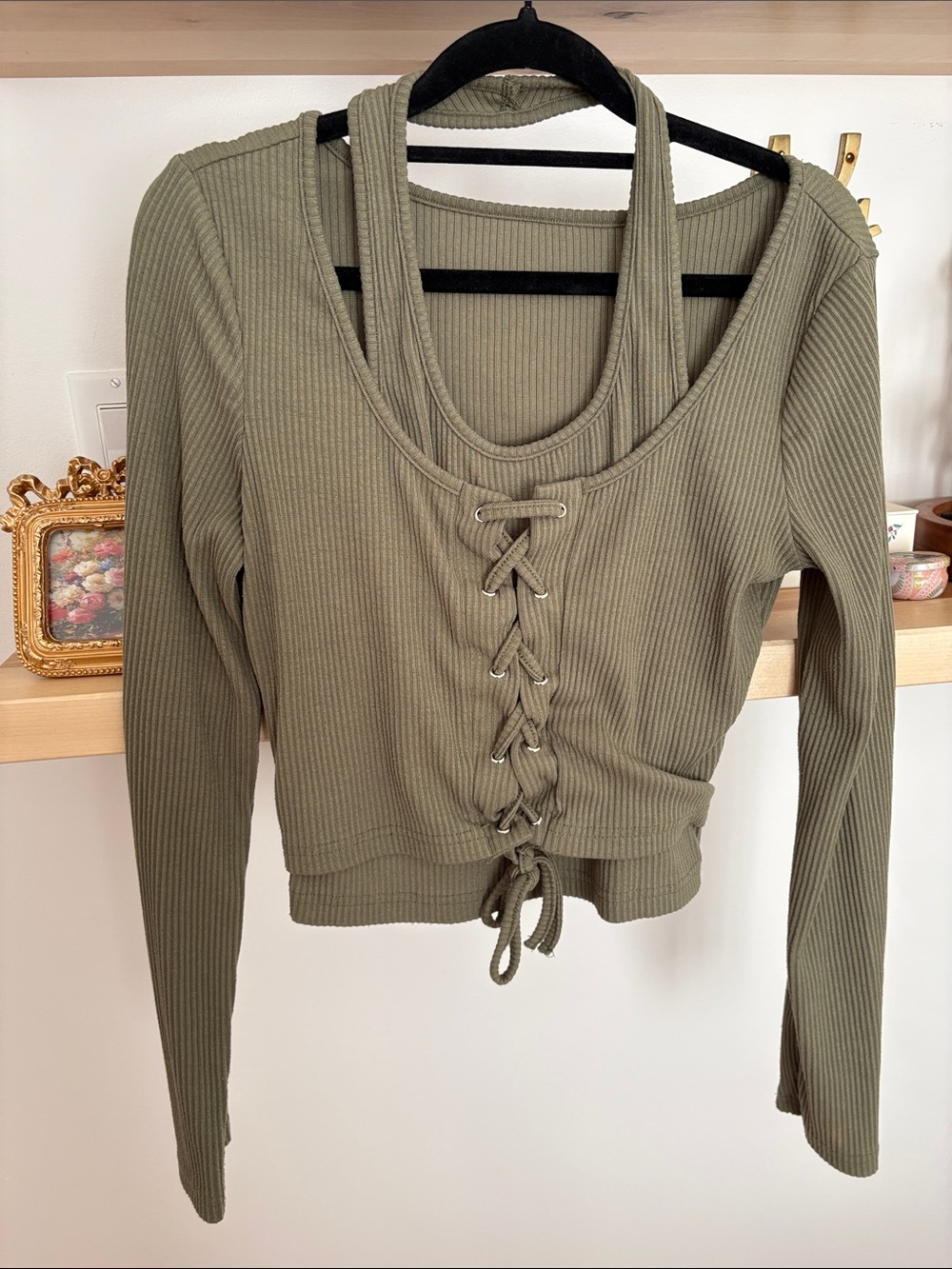 Ribbed Lace-Up Long Sleeve Top with Built-In Tank in Olive